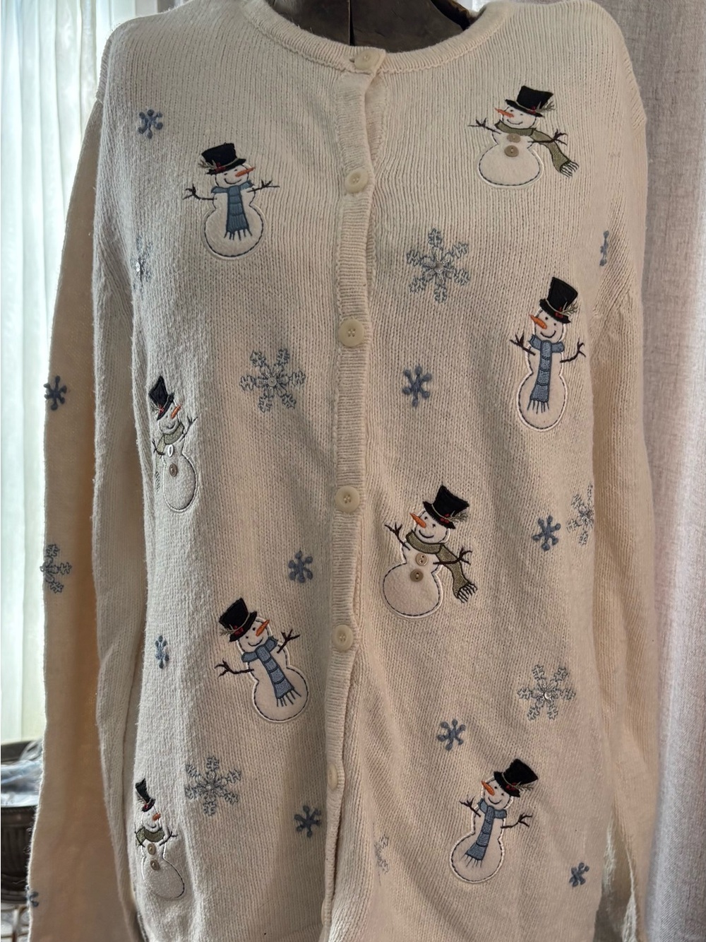 Croft & Barrow L Christmas Cardigan Snowman Snowflake Cream Holiday Sweater